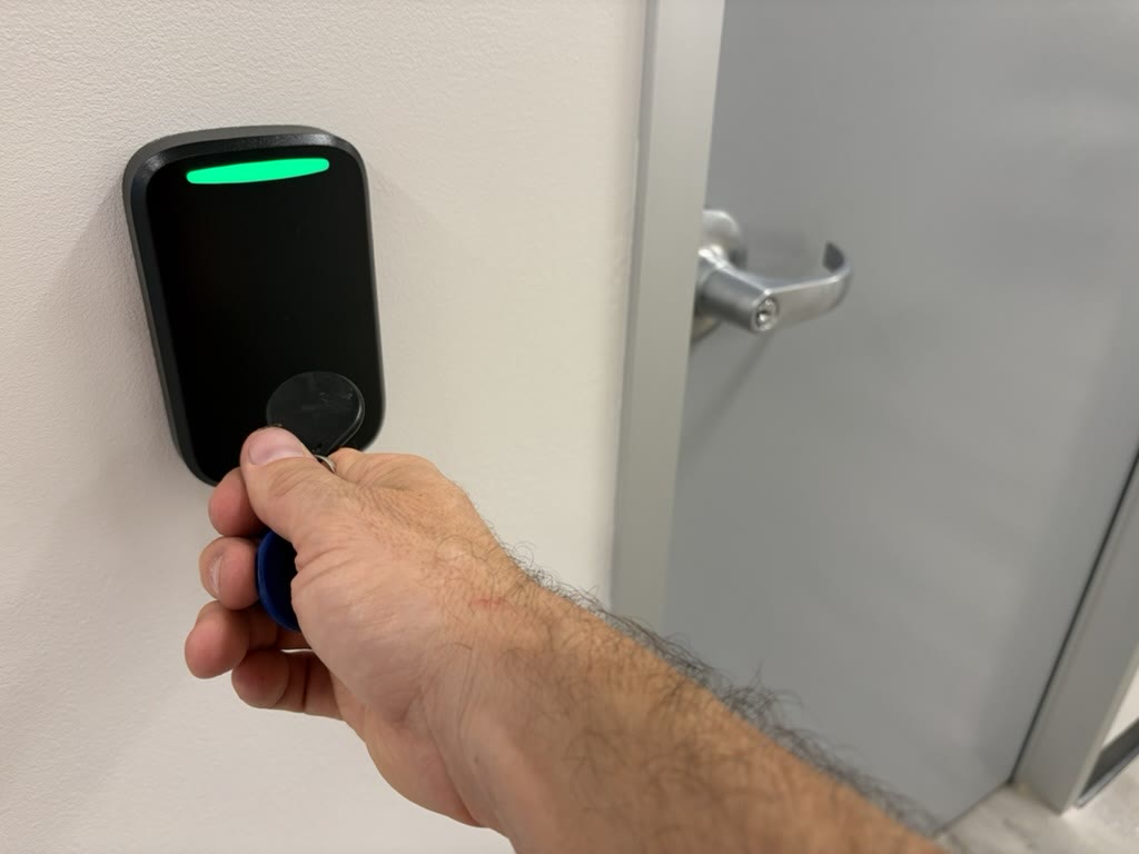 Key fob held to a wall-mounted access reader beside an office door