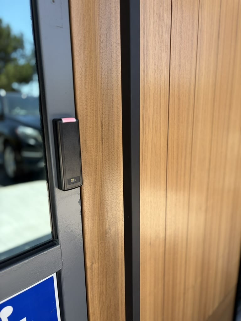 Slim access reader mounted on the frame of a wood-clad storefront entrance