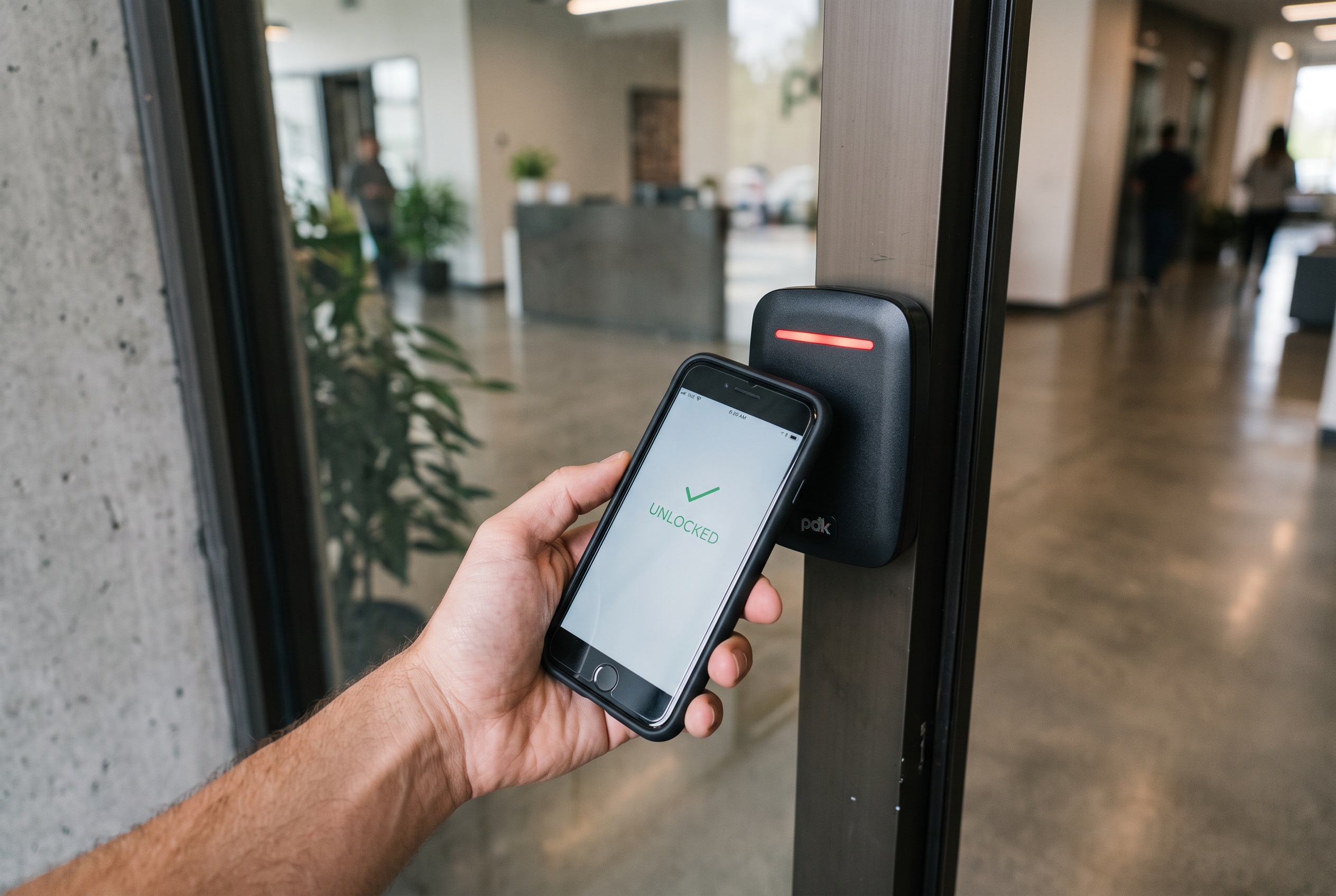 Employee unlocking a glass office door with a phone at a wall-mounted access control reader