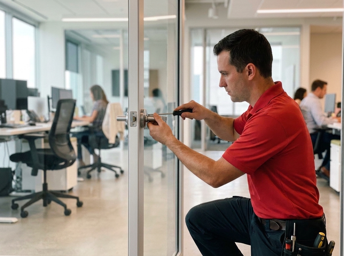 Commercial locksmith rekeying a high-security mortise lock cylinder with precision tools